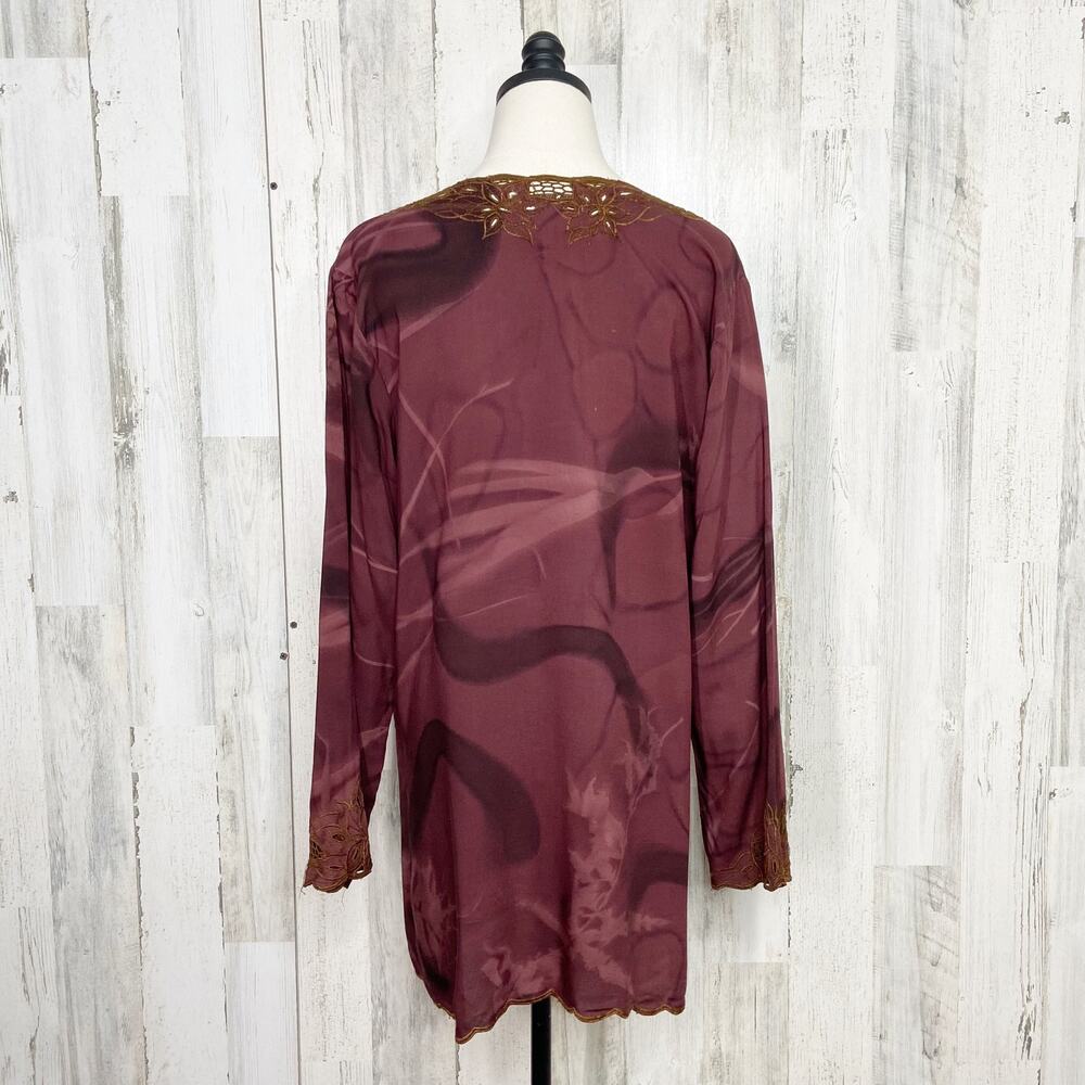 Papillon Embroidered Blouse Brown Tie Dye Button Front Boho Fairy Size M - Picture 5 of 8